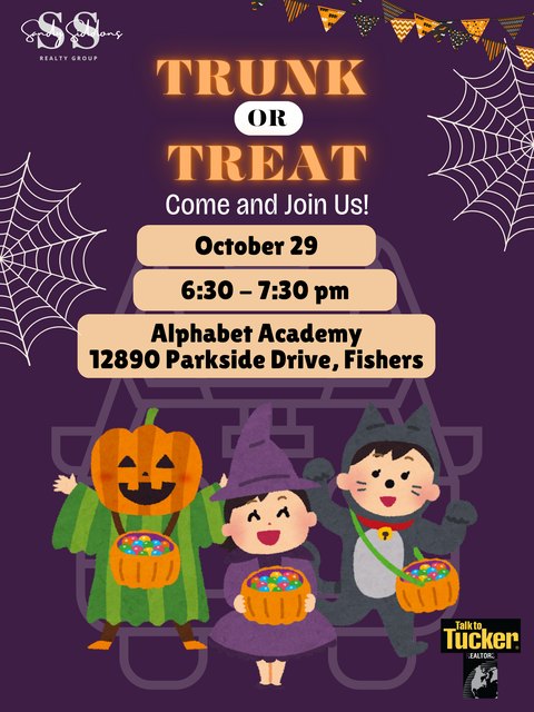 Trunk or Treat flyer &mdash; Sandy Siddons Realty Group &mdash; Thursday, October 29, 2026, 6:30–7:30 PM at Alphabet Academy, Fishers